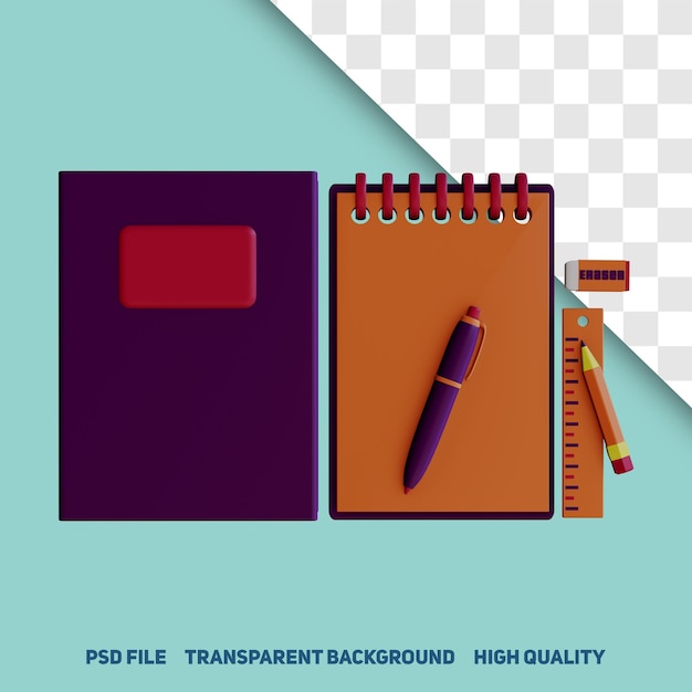 PSD 3d rendering of book note book and ruler with pencil and pen premium psd