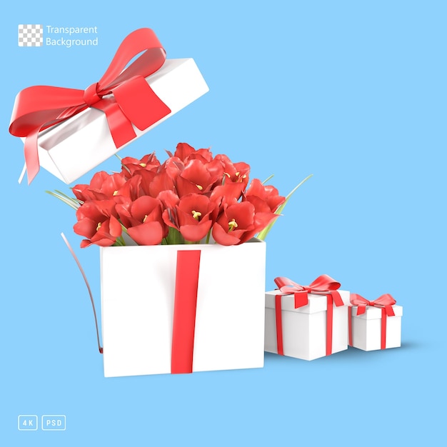 Rendering 3d mazzo di fiori rossi in una confezione regalo