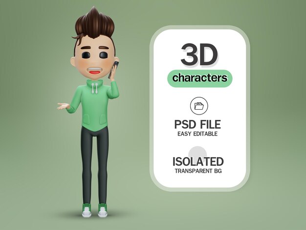 PSD 3d rendering boy speak on mobile phone