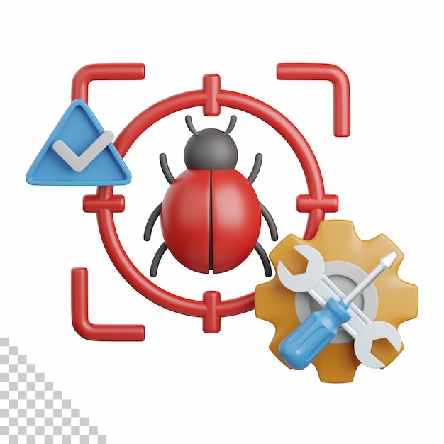 PSD 3d rendering bug fixing geïsoleerd nuttig voor technologie, programmering, ontwikkeling, codering, software, app, computing, server en verbinding ontwerp element