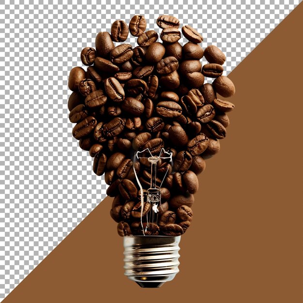 Rendering 3d di una lampadina fatta con chicchi di caffè su uno sfondo trasparente