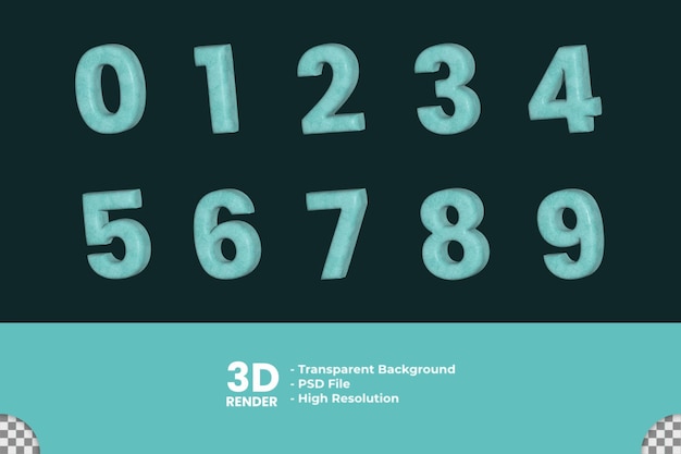 PSD 3d rendering bundle asset number with tosca rounded material