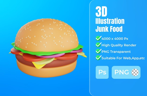 PSD rendering 3d dell'icona del cibo spazzatura dell'hamburger