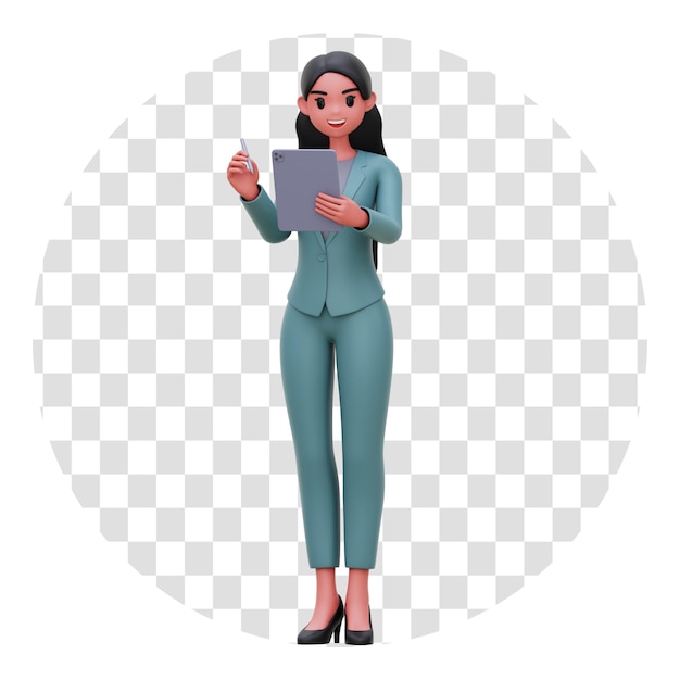 3d rendering business woman working with tablet transparent background illustration