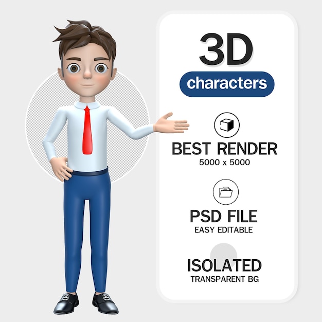 3d rendering businessman smile in formal suit points his one hands to presented to copy space