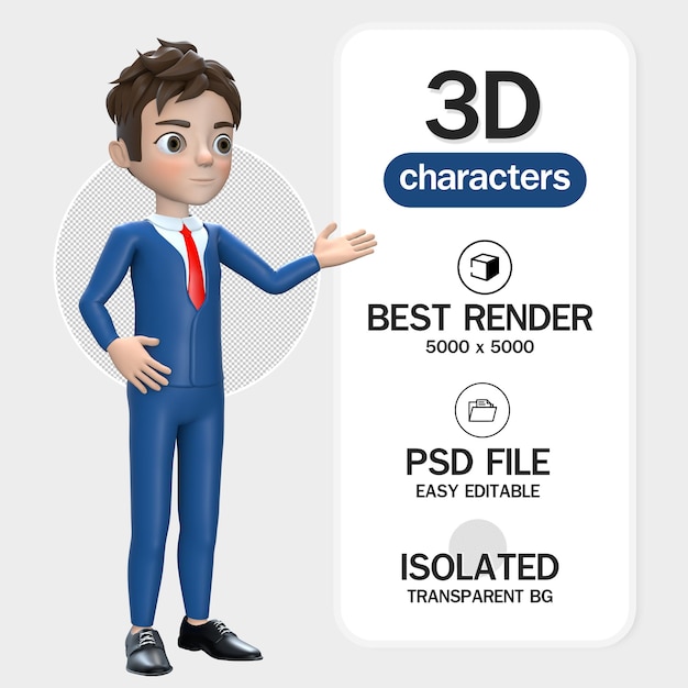 정장을 입은 3d 렌더링 사업가 미소는 한 손으로 공간을 복사하도록 제시합니다.