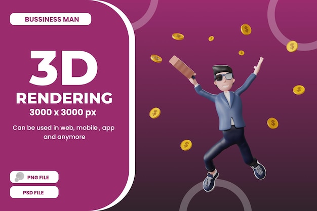 PSD 3d rendering bussiness man jump with coin illustration premium psd