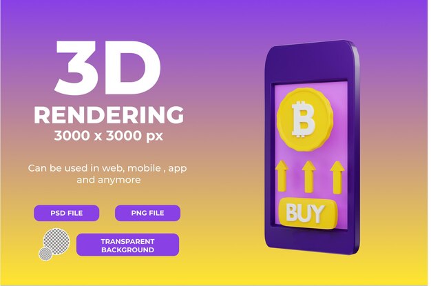 PSD 3dレンダリングは、透明な背景を持つスマートフォンのイラストオブジェクトでビットコインを購入します