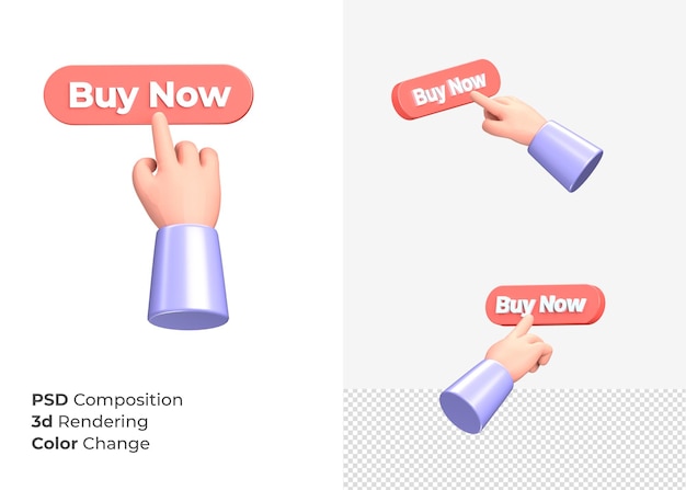 3d rendering buy now cta button with hand concept