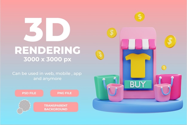 PSD 투명 배경으로 모바일 쇼핑 그림 개체에 3d 렌더링 구매