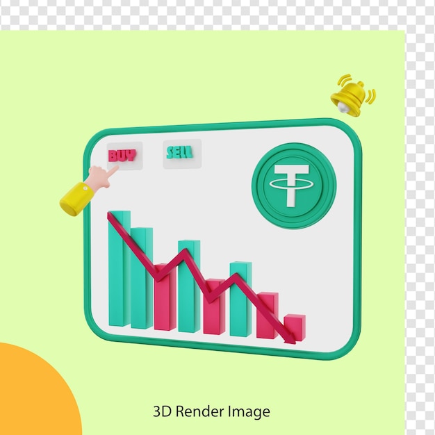 PSD 3d rendering of buy tether crypto coin price as it drops