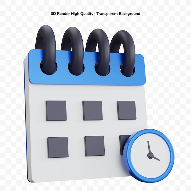 Calendario di rendering 3d con orologio blu isolato