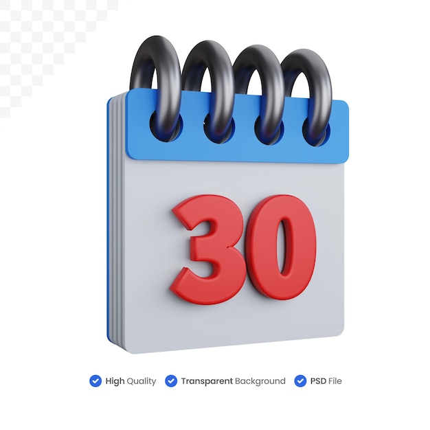 Calendario di rendering 3d con numero rosso 30 isolato