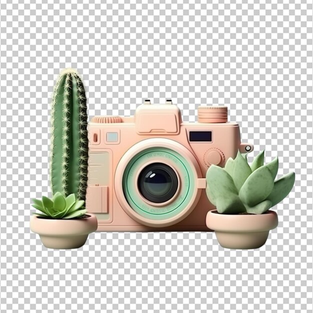 3d rendering of camera and cactus on pastel color on white background