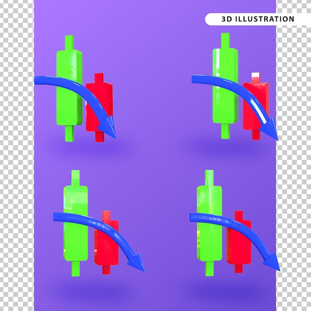 Il rendering 3d del grafico commerciale minimo della candela si è schiantato verso il basso