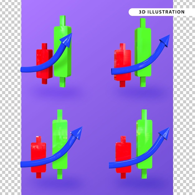 3d rendering of candlestick in red and green coin and arrow pointing up icon concept