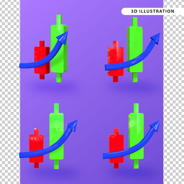 赤と緑のコインとアイコンの概念を指す矢印のローソク足の3dレンダリング