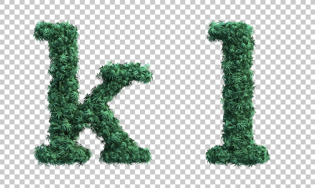 3D rendering of cannabis lowercase alphabet k and alphabet l