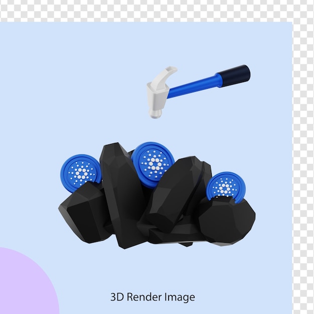 PSD 3d rendering of cardano crypto coin mining with hammer