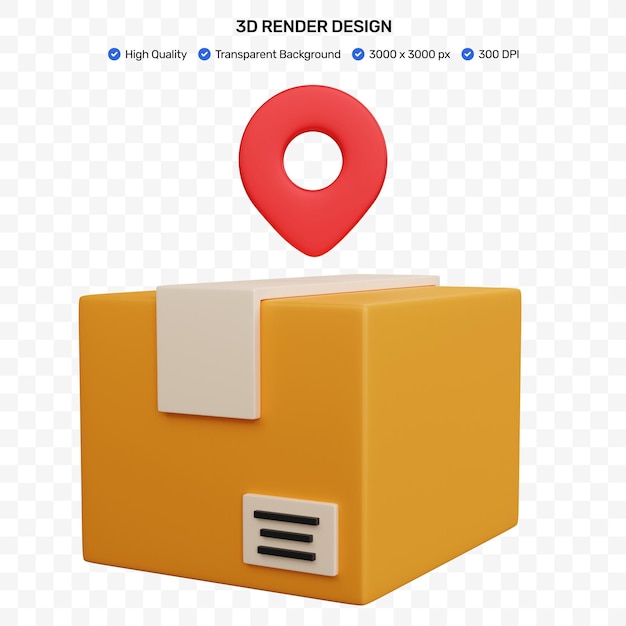 3d rendering cardboard box with pin pointer map red isolated