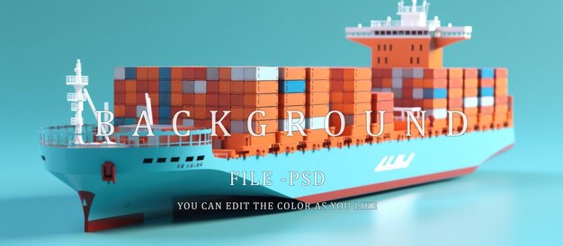PSD rendering 3d di container di merci su navi portacontainer in mare blu
