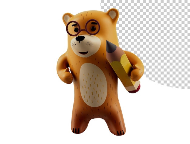 3d rendering cartoon bear with pencil kid child illustration