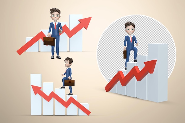 3D rendering A cartoon character runs towards success Financial growth concept