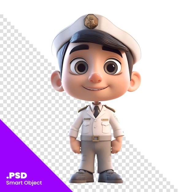PSD rappresentazione 3d di un personaggio dei cartoni animati con un berretto della polizia e un modello psd uniforme
