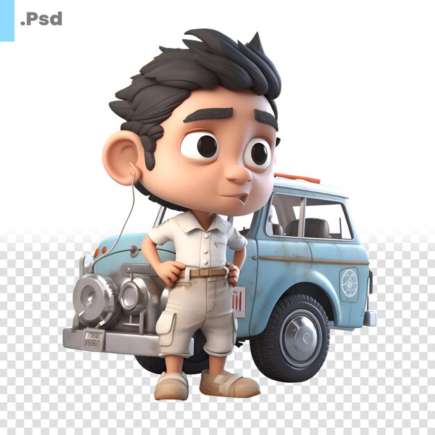 3d rendering of a cartoon character with a vintage car on a white background psd template