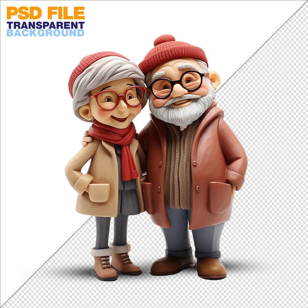 PSD 3d rendering cartoon figure of a cute senior couple