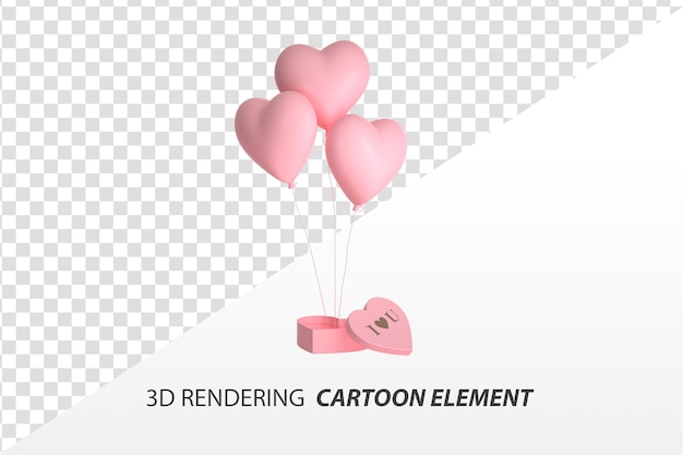 PSD contenitore di regalo di amore del fumetto di rendering 3d ed elementi di san valentino