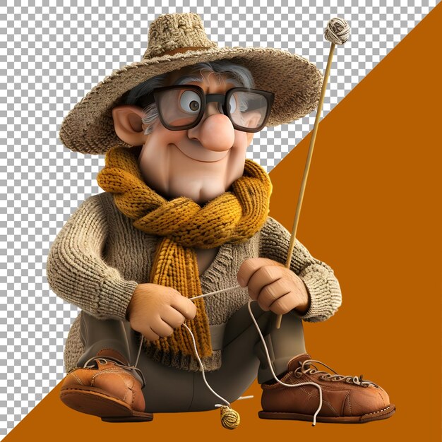 3D Rendering of a Cartoon of Old Man Sewing With Thread on Transparent Background Ai Generated