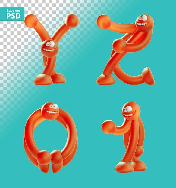 PSD 3d rendering of cartoon orange humans in shape of english alphabet letters