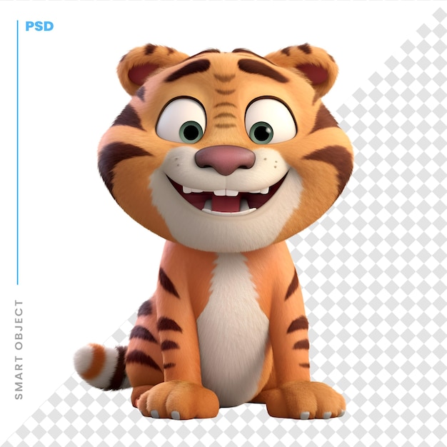 PSD rappresentazione 3d di una tigre del fumetto isolata su backgroun bianco