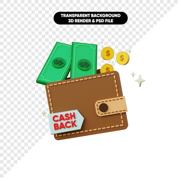 Rendering 3d di denaro cashback moneta e portafoglio