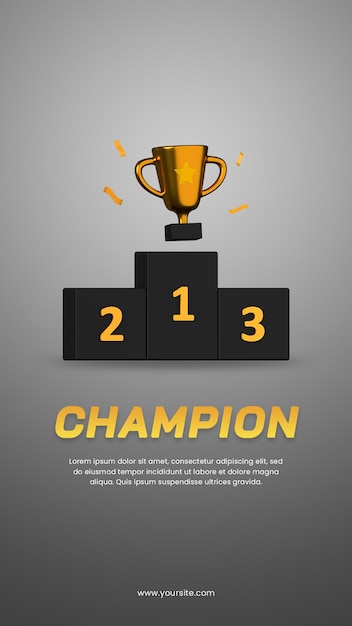 PSD 3d rendering champion trophy with dark theme social media stories design template