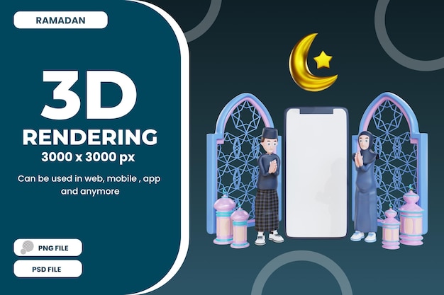 3d rendering character eid mubarak ramadan illustration object premium psd