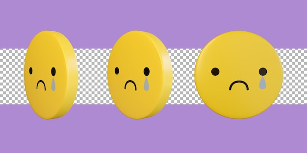 3d rendering character face yellow color crying emotion sad three object tranparent premium psd