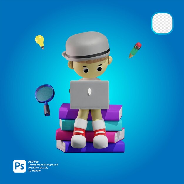 3d rendering of character sitting on pile of books