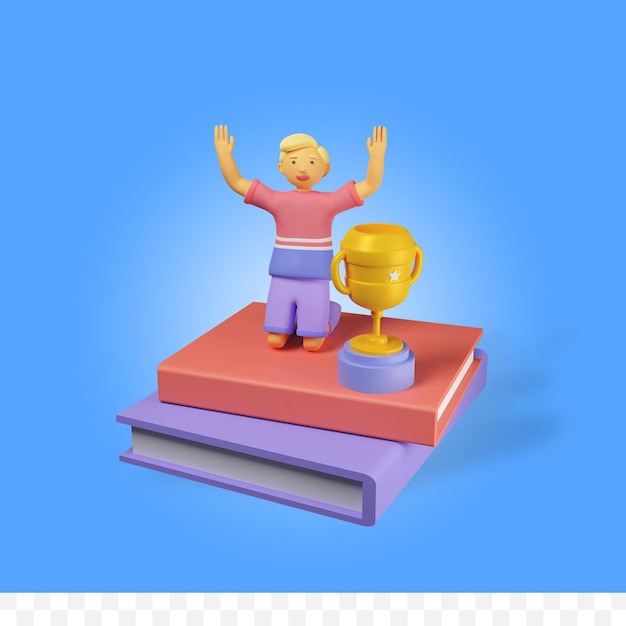 PSD personaggio di rendering 3d con libro e trofeo