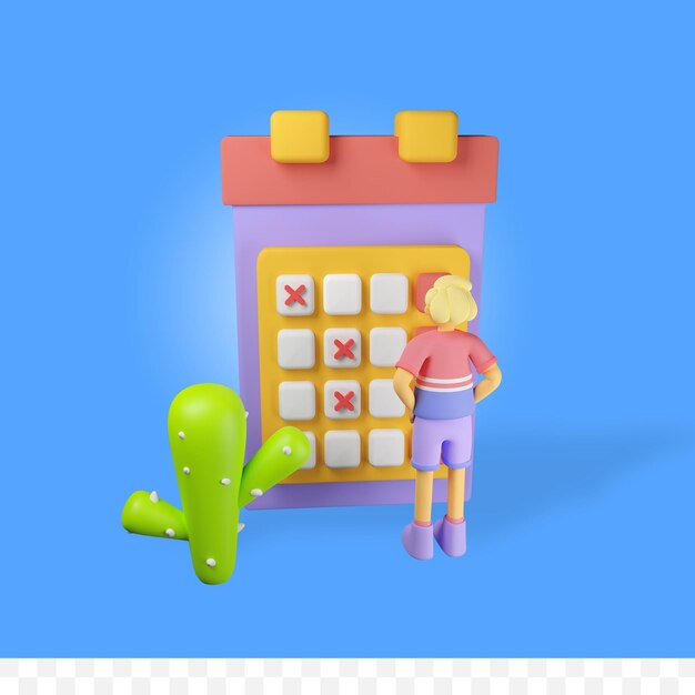 PSD 3d rendering character with calendar