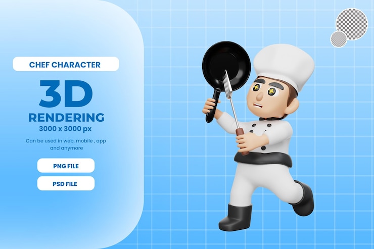 PSD 프라이팬 프리미엄 psd와 함께 3d 렌더링 요리사 캐릭터 그림