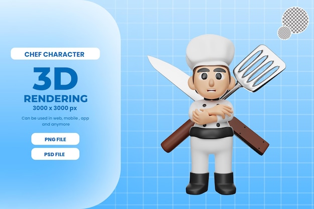 PSD 부엌 칼으로 3d 렌더링 요리사 캐릭터 그림