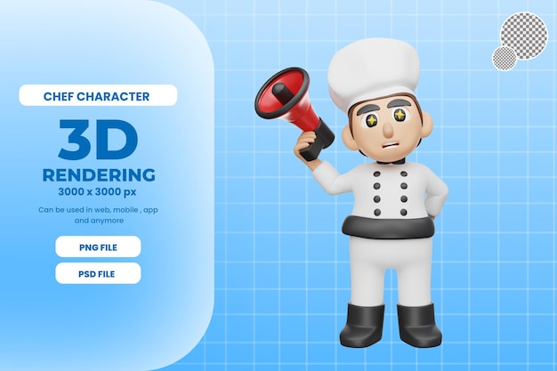 3d-rendering chef karakter illustratie met megafoon premium psd