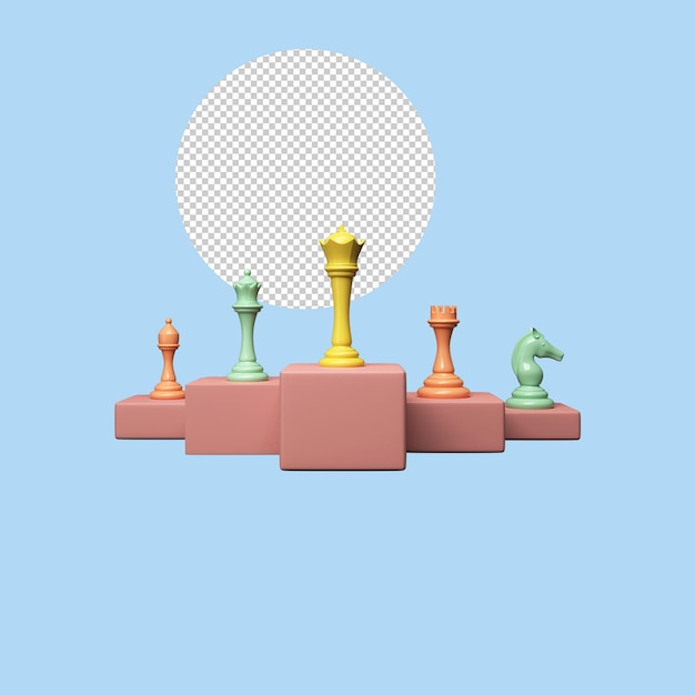 3d rendering chess pieces over various podium on blue background