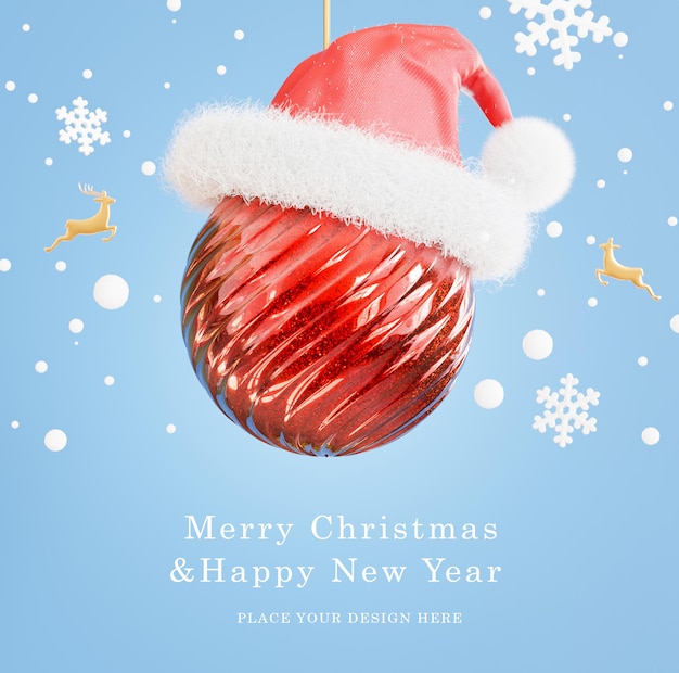 3d rendering of christmas balls wearing christmas hats on blue background