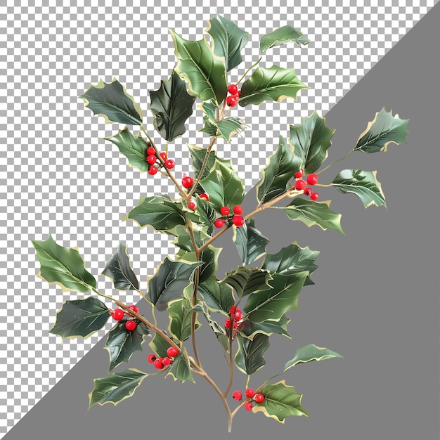 PSD 3d rendering of a christmas plant holly leaves with berries on transparent background ai generated