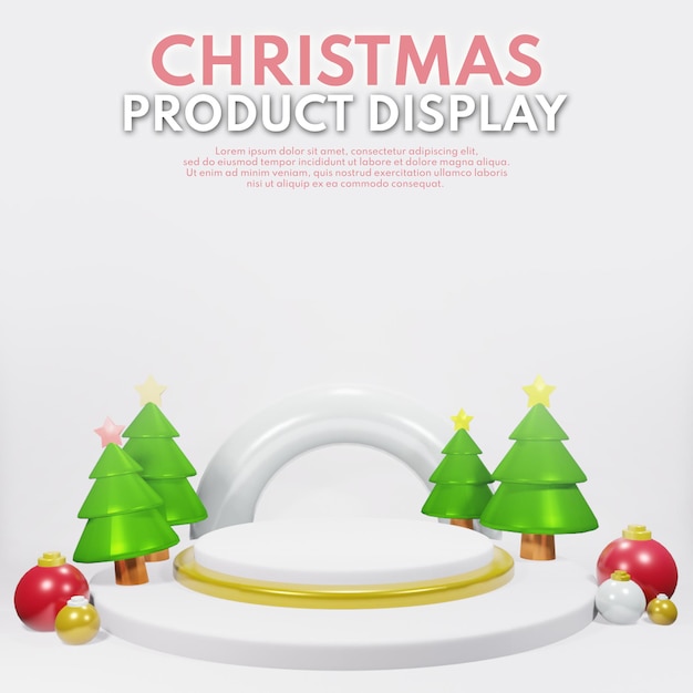 3d-рендеринг рождественского подиума с сосной и елочным шаром для презентации продукта