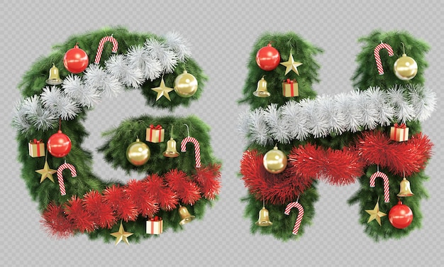 Rendering 3d di albero di natale lettera g e lettera h.