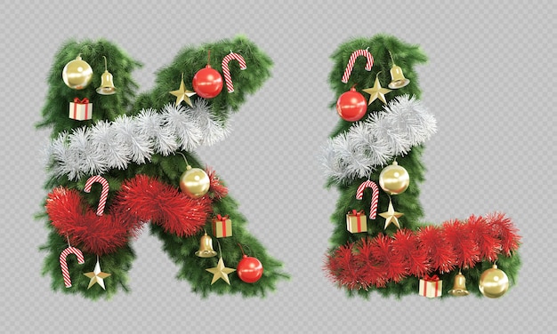 Rendering 3d della lettera k e della lettera l dell'albero di natale